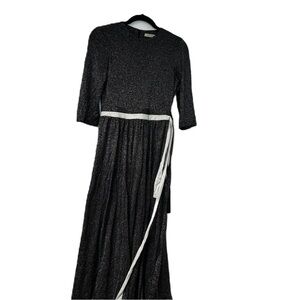 Belissa woman's S black sparkle LBD long fancy holiday party pleated belted fun